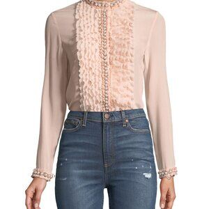 Alice + Olivia Arminda Button-Down Ruffled Chiffon Blouse w/ Pearlescent Trim
